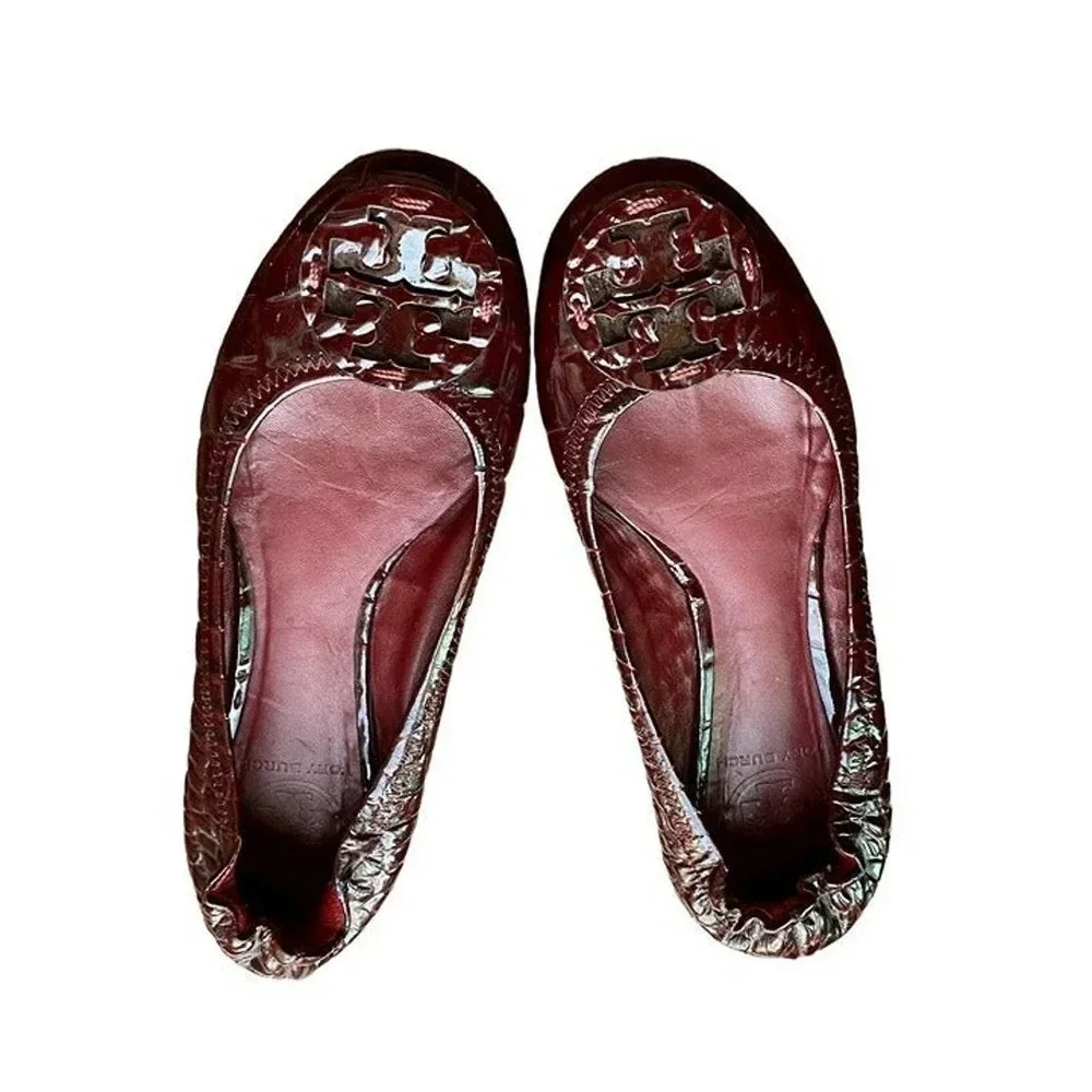 Tory Burch Minnie Travel Ballet Leather Burgundy Womens Casual US 6 M Slip Ons